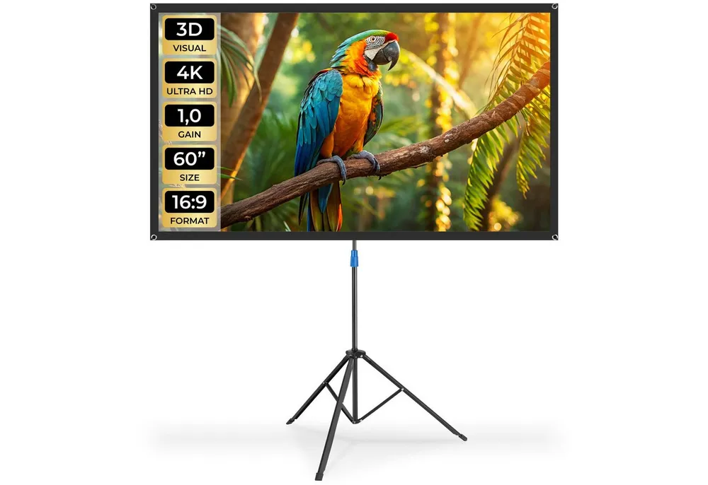 tectake Beamer-Leinwand für 4K, HD, Ultra HD und Full HD, Format 16:9, 60” Deckeneinbauleinwand (Gain-Faktor 1, 0, reißfest, faltenfrei, inklusive Tragetasche)