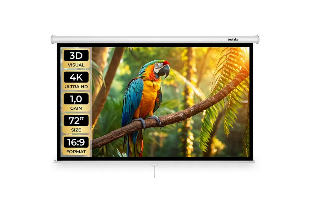 tectake Beamer-Leinwand für 4K, HD, Ultra HD und Full HD, Format 16:9, 72“ Deckeneinbauleinwand (Gain-Faktor 1, 0, Wand- oder Deckenmontage, faltenfrei, robust)