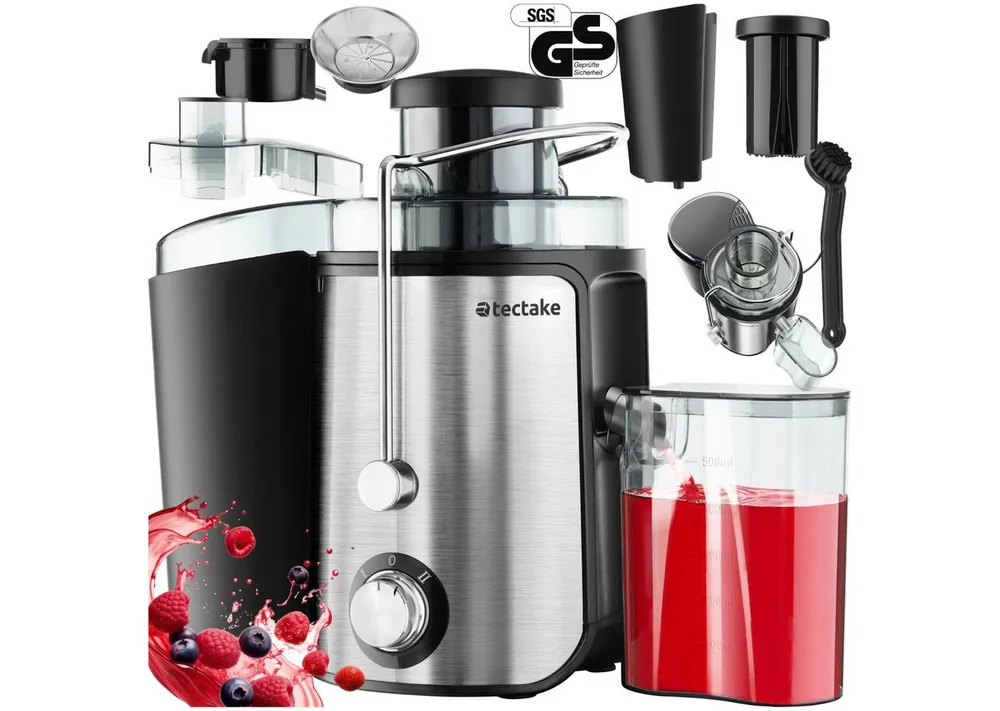 tectake Entsafter Saftpresse Frufi, 2 Geschwindigkeitsstufen, Edelstahl, 600W, 600 W, 600 W, 500 ml Fassungsvermögen