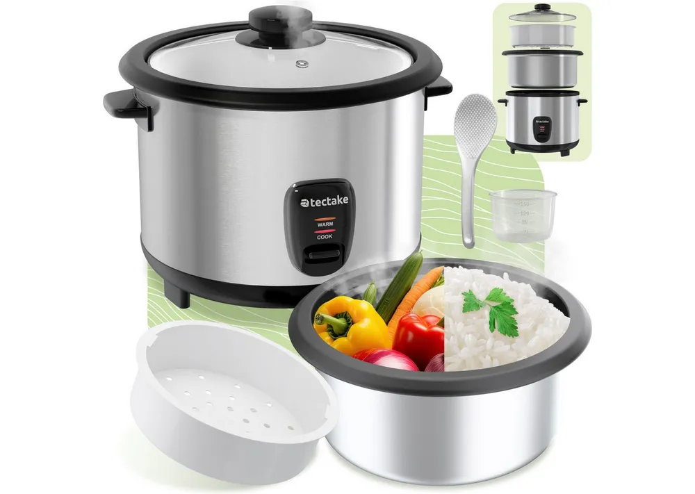 tectake Reiskocher Dampfgarer mit Dampfgareinsatz, 1,8 l, Warmhaltefunktion, 700 W, Warmhaltefunktion, hitzebeständige Griffe