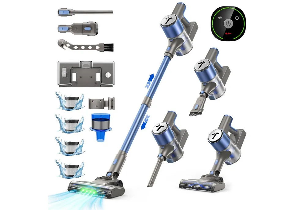 Teendow Akku-Hand-und Stielstaubsauger V10 PRO 2-in-1 Akku Staubsauger, 50KPa Akkustaubsauger, 300 W, mit Beutel, 60 Min Laufzeit, HEPA & LED, 4 HEPA-Filterpatronen