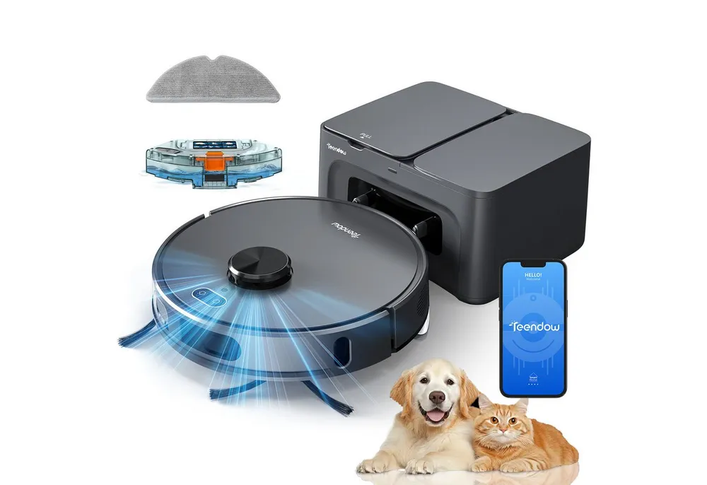Teendow Saugroboter D65S MAX Saugroboter mit wischfunktion, 8000Pa Staubsauger Roboter, 850 W, mit Beutel, 4 Leistungsstufen, 3 Wasserstufen, 2.5L Staubbehälter,Multi-Map