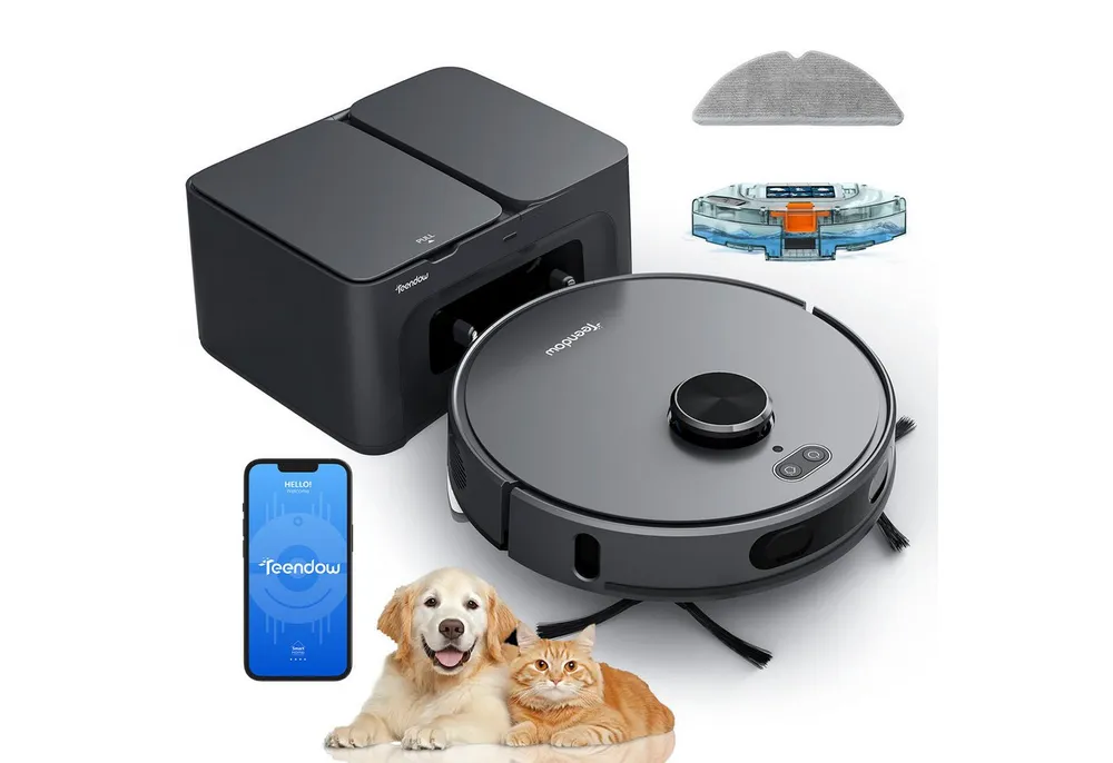 Teendow Saugroboter D65S MAX Saugroboter mit wischfunktion, 8000Pa Staubsauger Roboter, 850 W, mit Beutel, 4 Leistungsstufen, 3 Wasserstufen, 2.5 L Staubbehälter, Multi-Map