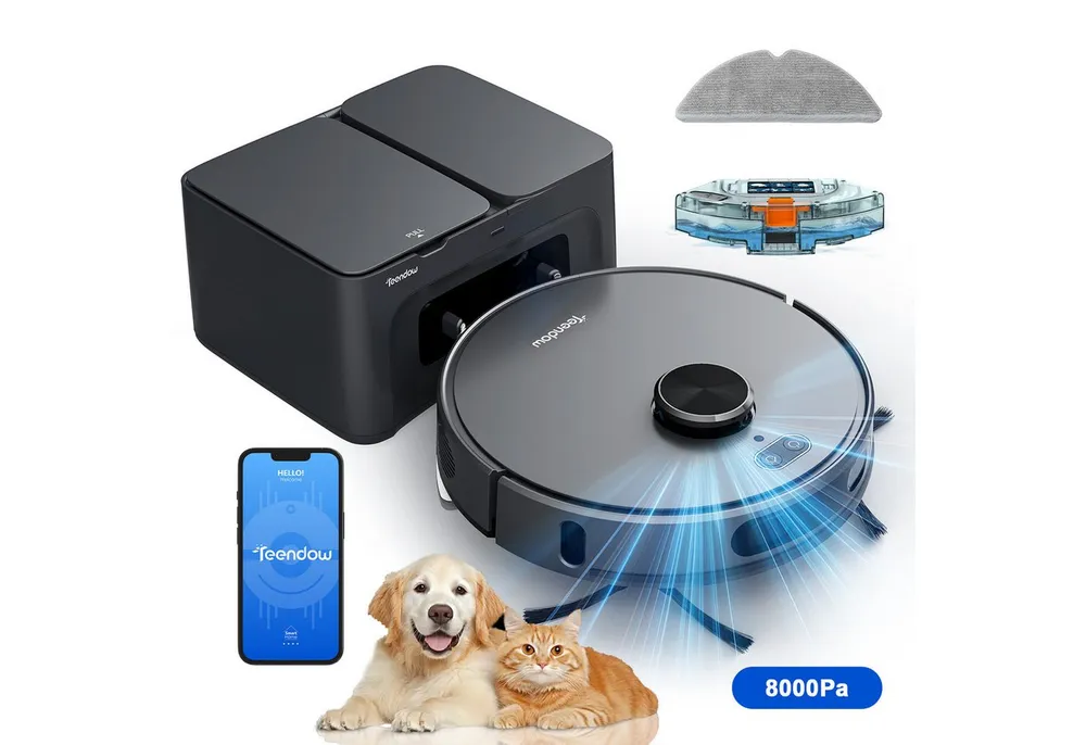 Teendow Saugroboter D65S MAX Saugroboter mit wischfunktion, 8000Pa Staubsauger Roboter, 850 W, mit Beutel, 4 Leistungsstufen, 3 Wasserstufen, 2.5 L Staubbehälter, Multi-Map