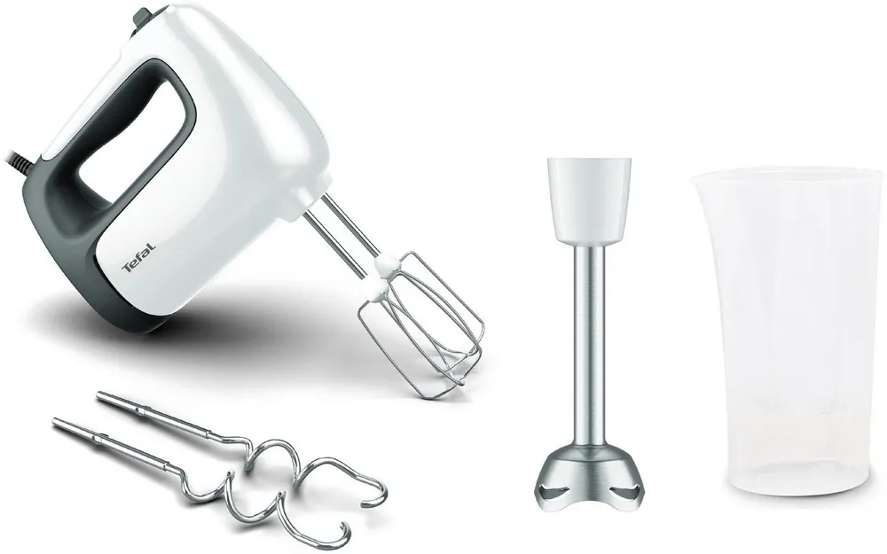 Tefal Handmixer Prep'Mix+, 500 W, Turbo-Funktion, 2 Rührbesen, 2 Knethaken, Pürierstab-Aufsatz, HT4621