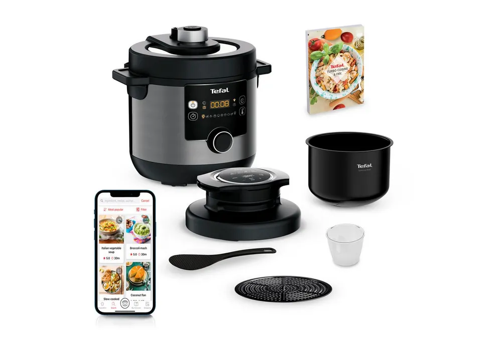Tefal Multikocher Turbo Cuisine & Fry inkl. Extra-Crisp-Deckel, 1-Knopf-Bedienung, 1200 W, 7,6 l Schüssel, Schnellkochtopf/ Heißluftfritteuse, 15 automatische Programme, CY7788