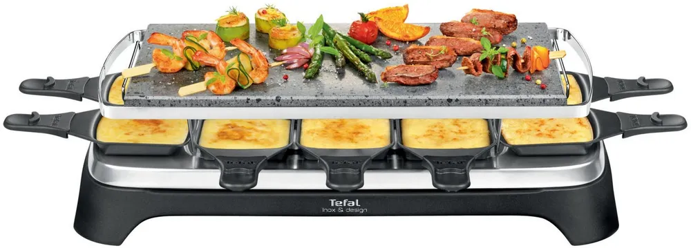 Tefal Raclette Pierrade, Naturstein, spülmaschinengeeignete Pfännchen, 10 Raclettepfännchen, 1350 W, Abnehmbares Kabel, inkl. Schaber, PR457B