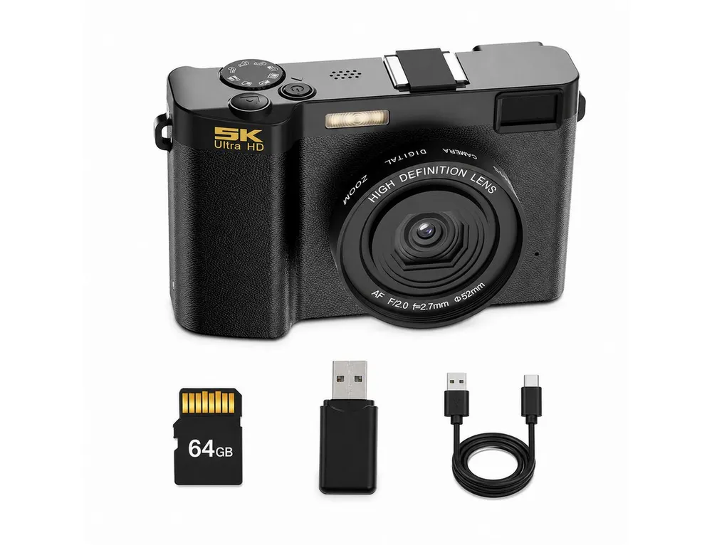 Tekoo Digitalkamera 5K 64MP, Vlogging Kamera, inkl. 64GB Micro-SD, Schwarz Kompaktkamera (Hinteres Hauptobjektiv, Vorderes Selfie-Objektiv, 64 MP, 1x opt. Zoom, WLAN (WiFi), inkl. Inklusive 64GB Micro-SD-Karte, USB-C Kabel und Kartenleser, WiFi-Konnektivität mit App-Steuerung)