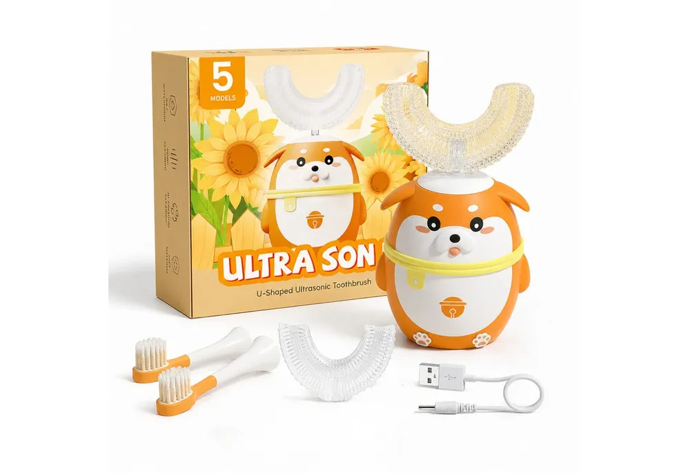 Tekoo Elektrische Kinderzahnbürste Schallzahnbürste Kinder Set U-Form, 5 Modi & Timer, 2-7 Jahre, Aufsteckbürsten: 4 St., Inklusive 4 Bürstenköpfe (2x U-Form, 2x Standard), Elektrische Kinderzahnbürste mit U-Form Kopf für 360° Reinigung