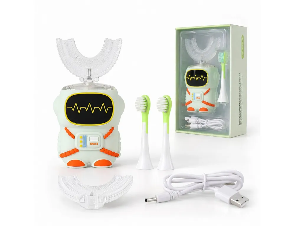 Tekoo Elektrische Kinderzahnbürste Schallzahnbürste Kinder Set, U-Form, Schall & 360° Reinigung, IPX7, Aufsteckbürsten: 4 St., 4-tlg. Bürstenkopf-Set, Komplettset, Kindgerechtes Astronauten-Design, 360° Reinigung, IPX7 Wasserschutz