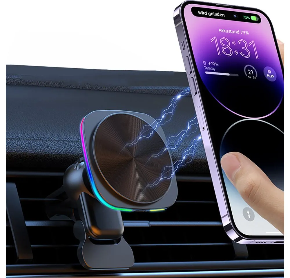 Tekoo Handy-Halterung KFZ magnetischer Handyhalter, 15W Schnellladen, Lüftung, (inkl. Magnet-Ladehalterung, USB-C Ladekabel und Bedienungsanleitung, Aktive Kühlung, RGB-Lichtring, intelligenter Smart-Chip)