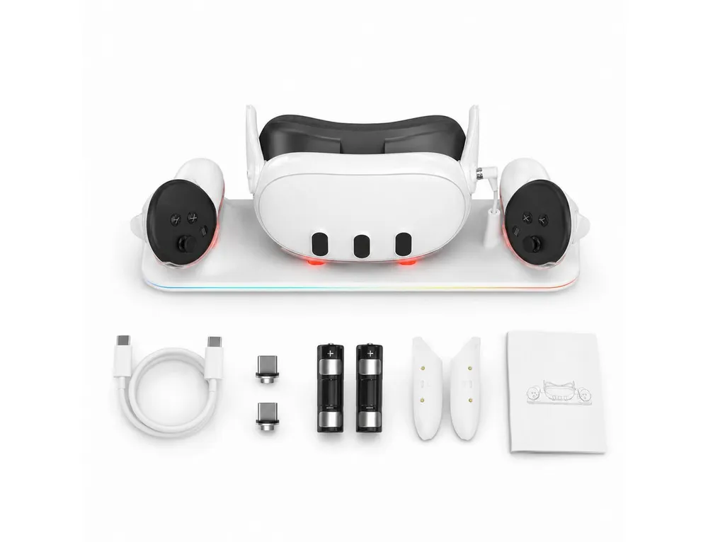 Tekoo Ladestation für Oculus Quest 3, Magnetisches Dock & 2 Controller Akkus Ladestation (2000 mA, Mehrteilig, 6-teiliges Set, Magnetisches Laden für Oculus Quest 3 & Controller)