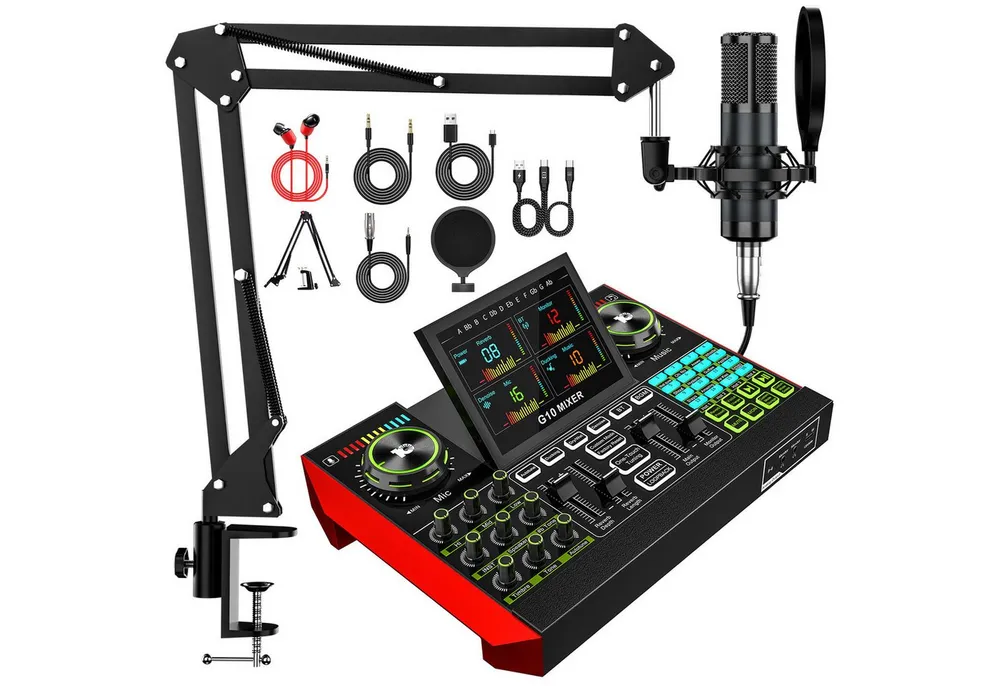 Tenlamp G10-P15B Podcast-Ausrüstungsset mit Audio-Mixer und Soundkarte Soundkarte