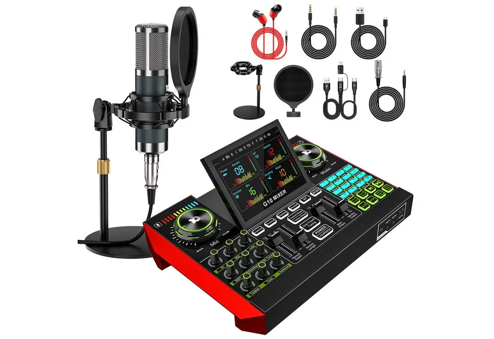 Tenlamp G10 Zehn Lampen Podcast- & Streaming-Set mit Mixer Soundkarte 7.1 Surround, USB-Plug-and-Play, Display, Stimmwechsel, Aufnahme, Hall