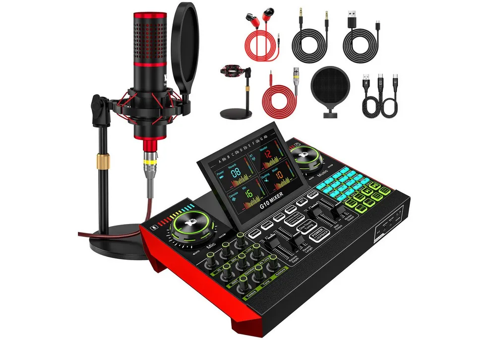 Tenlamp G10 Zehn Lampen Podcast- & Streaming-Set mit Mixer Soundkarte 7.1 Surround, USB-Plug-and-Play, Display, Stimmwechsel, Aufnahme, Hall