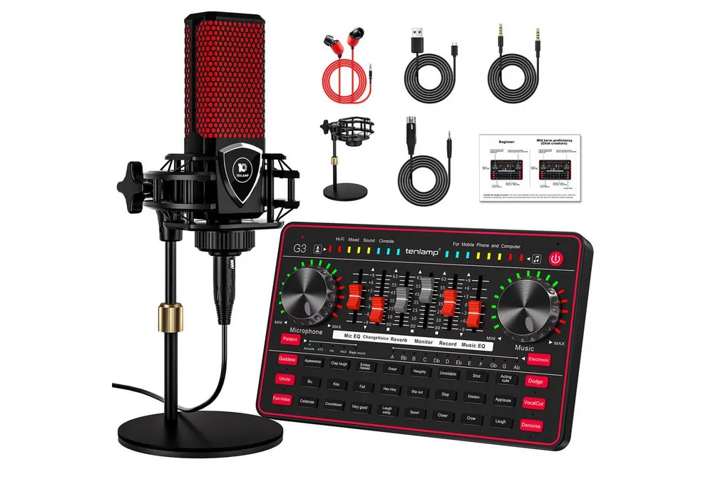 Tenlamp Podcast-Mikrofon-Set mit Soundkarte, Audio-Mixer für PC/Telefon Soundkarte 5.1 Kanäle, Set mit 2 Kondensatormikrofonen, Sprachwechsler, Rauschunterdrückung