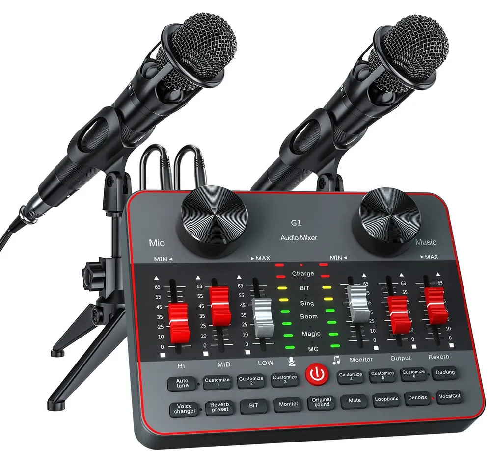Tenlamp Podcast-Mikrofon-Set mit Soundkarte, Audio-Mixer für PC/Telefon Soundkarte 5.1 Kanäle, Set mit 2 Kondensatormikrofonen, Sprachwechsler, Rauschunterdrückung