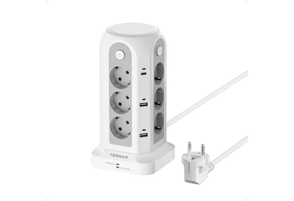 TESSAN 12 Fach Mehrfachsteckdose mit 3 USB(2 USB-A/1 USB-C) Kabel 2/5m Mehrfachsteckdose (USB-Anschlusse, Ein-/Ausschalter, Kabellänge 2 m)