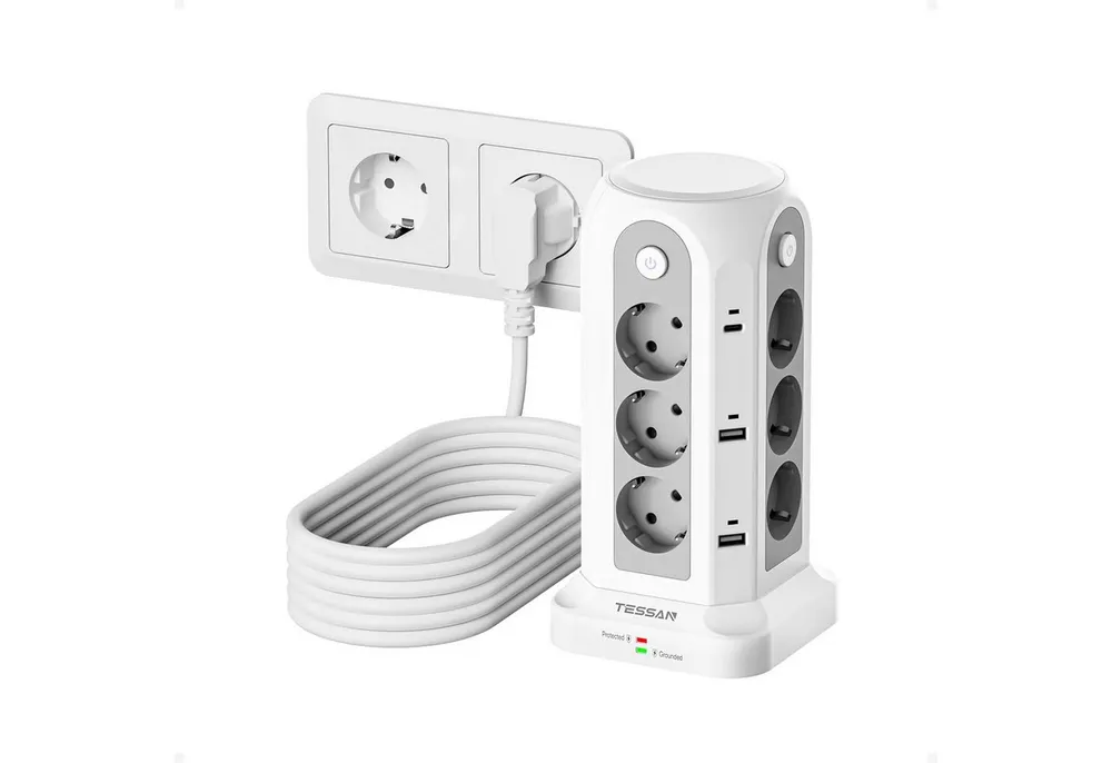 TESSAN 12 Fach Mehrfachsteckdose mit 3 USB(2 USB-A/1 USB-C) Kabel 2/5m Mehrfachsteckdose (USB-Anschlusse, Ein-/Ausschalter, Kabellänge 5 m)