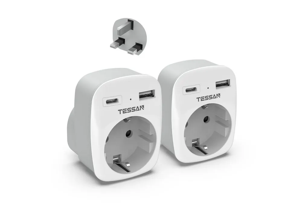 TESSAN 2 Stück klappbarer 3-in-1 Reiseadapter für UK-Stecker in EU-Steckdosen Reiseadapter AC Buchse, USB A, USB C, Typ G Buchse zu UK Plug (Typ G), 3250W UK Adapter mit USB C und USB A, Stromadapter für Irland Dubai