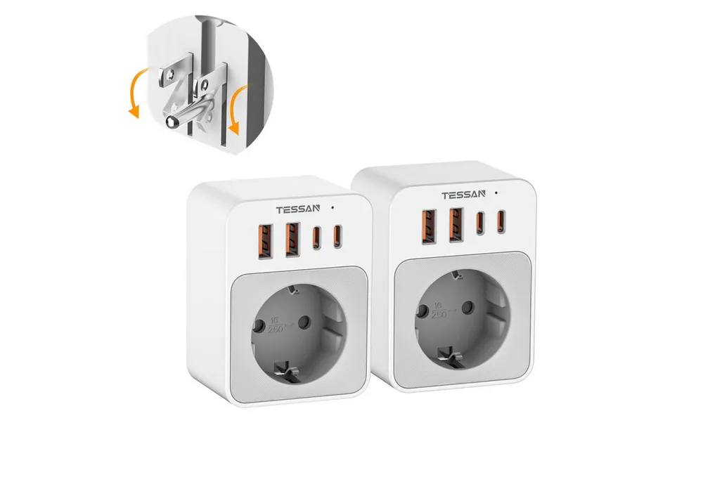 TESSAN 2 Stück klappbarer 5-in-1 Reiseadapter für US-Stecker in EU-Steckdosen Reiseadapter Reisestecker Typ B, Steckdosenadapter US für American Thailand Mexiko, Reisestecker Typ B