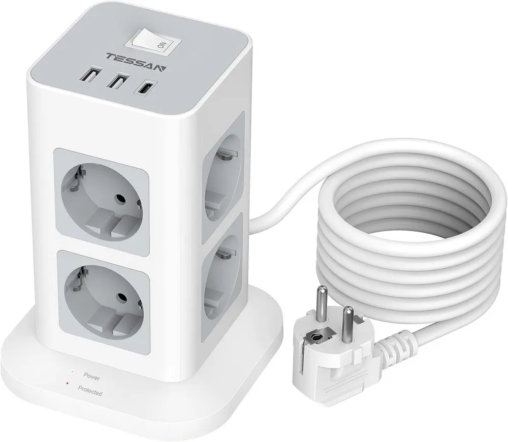 TESSAN 8 Fach Mehrfachsteckdose 3 USB(2USB,1 USB C) Steckdosenleiste Kabel 2m Mehrfachsteckdose (Ein- / Ausschalter, USB-Anschlüsse)