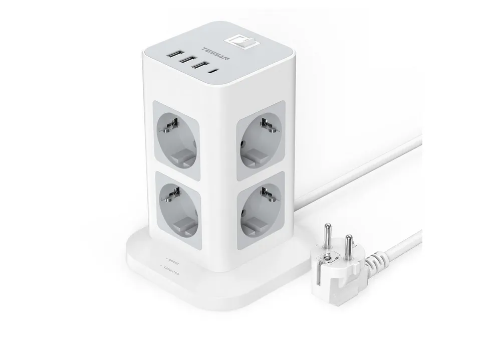 TESSAN 8 Fach Mehrfachsteckdose 4 USB Steckdosenleiste Kabel 2m Mehrfachsteckdose (Ein- / Ausschalter, USB-Anschlüsse, Schutzkontaktkupplung, Überspannungsschutz, Kabellänge 2 m)