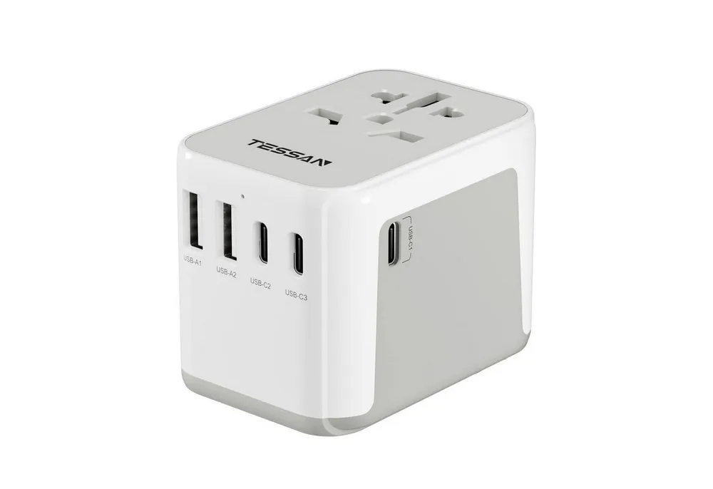 TESSAN Reiseadapter Weltweit Universal mit 2 USB und 3 USB C Reiseadapter AC Buchse, USB A, USB C zu US Plug(Typ A), UK Plug (Typ G), EU Plug (Typ C), AUS Plug (Typ I), Dieser Reiseadapter wird mit zwei Überlastsicherungen (10A) geliefert