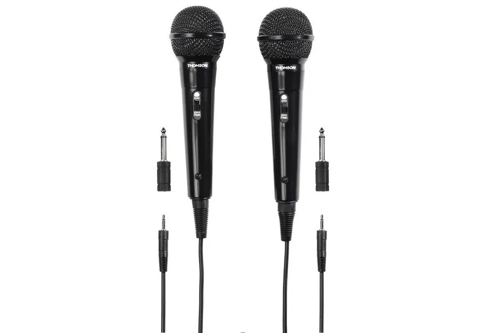 Thomson Mikrofon Set 2x Dynamisches Mikrofon kabelgebunden Schwarz (Set), 3m Kabel Party Veranstaltung DJ Mix Karaoke 3,5mm 6,35mm Stecker
