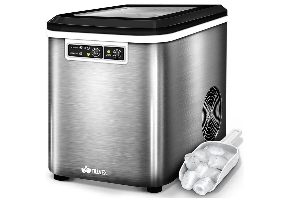 tillvex Eiswürfelmaschine 2,2 Liter Wassertank Ice-Maker LED-Display & Selbstreinigungsfunktion, Edelstahl 12 kg - 24 h, Eiswürfelbereiter