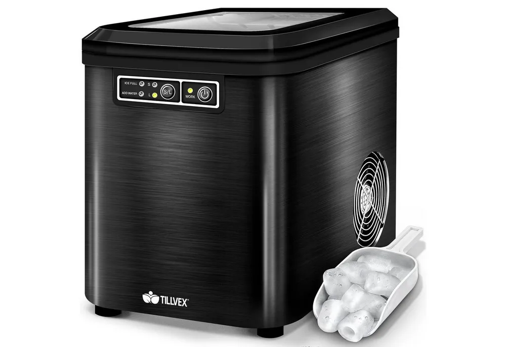 tillvex Eiswürfelmaschine 2,2 Liter Wassertank Ice-Maker LED-Display & Selbstreinigungsfunktion, Edelstahl 12 kg - 24 h, Eiswürfelbereiter