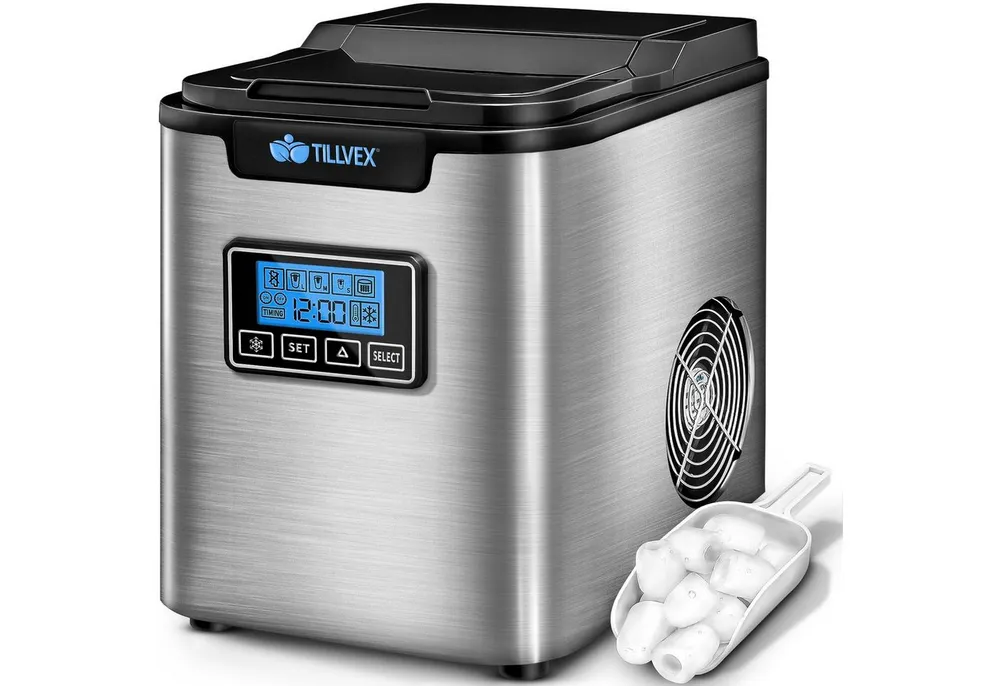 tillvex Eiswürfelmaschine Edelstahl 12 kg - 24h, Eiswürfelbereiter mit Timer, 2,2 Liter Wassertank, Ice-Maker LCD-Display