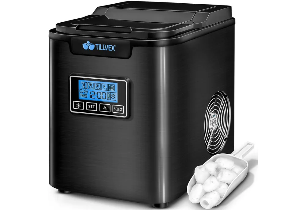 tillvex Eiswürfelmaschine Ice Maker 12 kg - 24 h Edelstahl, Mit Timer & LCD-Display, 2,2L Wassertank & Selbstreinigungsfunktion, 3 Eiswürfel Größen