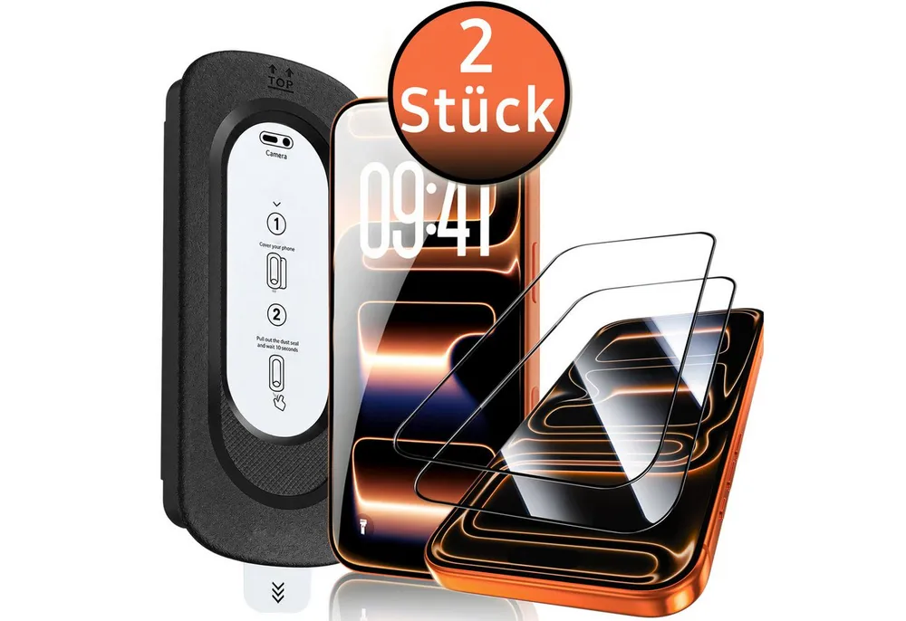 TK-Handel Displayschutzfolie panzerglas 9H Montagehilfe Schutzglas Schutzfolie Glas Folie für iPhone 17 Pro, Displayschutzfolie, Displayschutz, Hartglas, Displayfolie, screen Protector, display, Echt Glas, 9H gehärtet, Handyschutz, full cover, 2 Stück, handyfolie, Glasfolie, Panzerfolie, Schutzglas, 9H