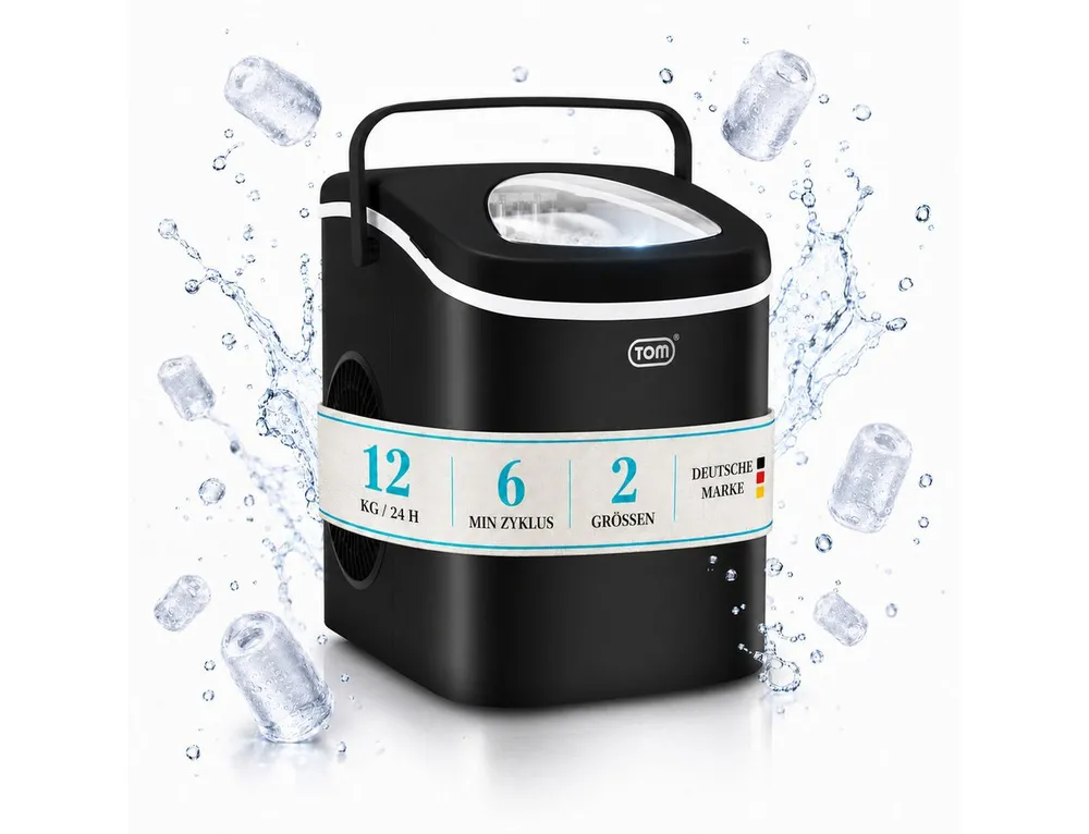 TOM Eiswürfelmaschine Eiswürfelbereiter 1,3L inklusive Eiszange, 12kg in 24h, Eismaschine, Herausnehmbarer Korb, Schwarz, Sichtfenster