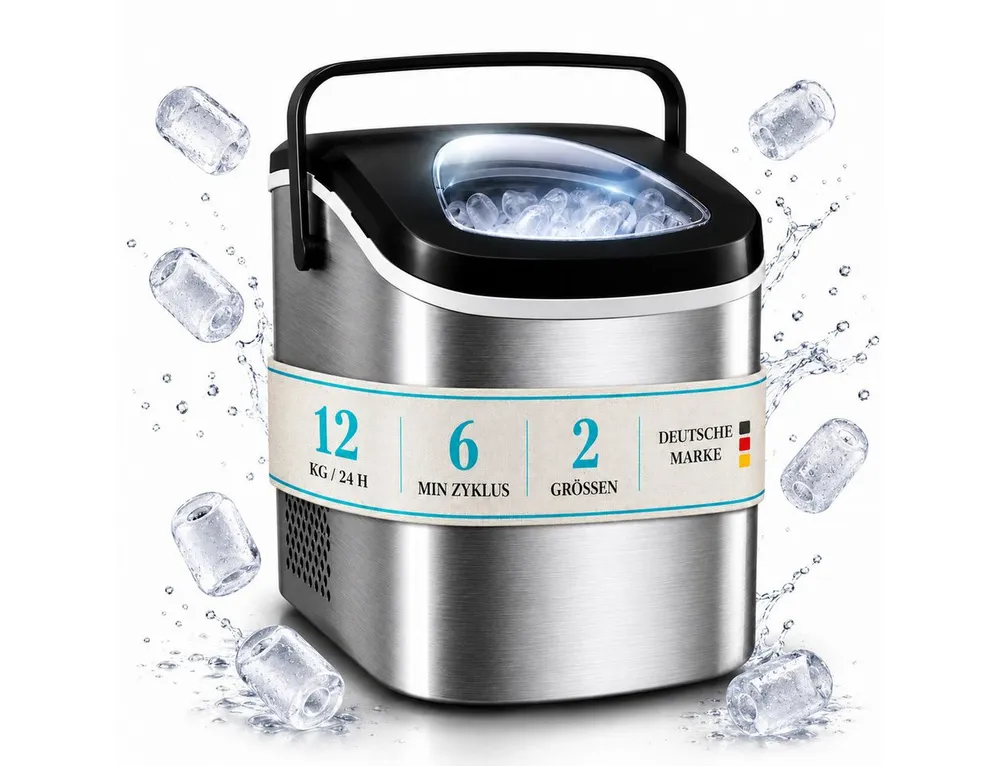 TOM Eiswürfelmaschine Eiswürfelbereiter 1,3L inklusive Eiszange, 12kg in 24h, Eismaschine, Herausnehmbarer Korb, Edelstahl, Sichtfenster
