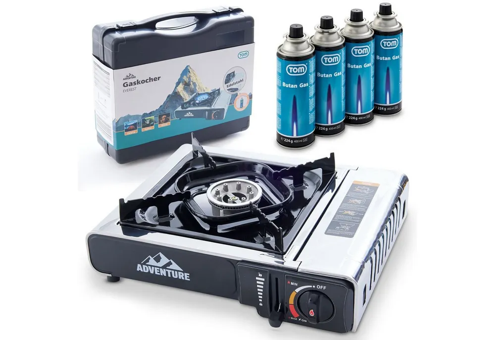 TOM Gaskocher Campingkocher Edelstahl mit 227g Gaskartuschen und Box 2,2kW, (5-St), Piezozündung, Stufenlos Regulierbar, verschiedene Sets