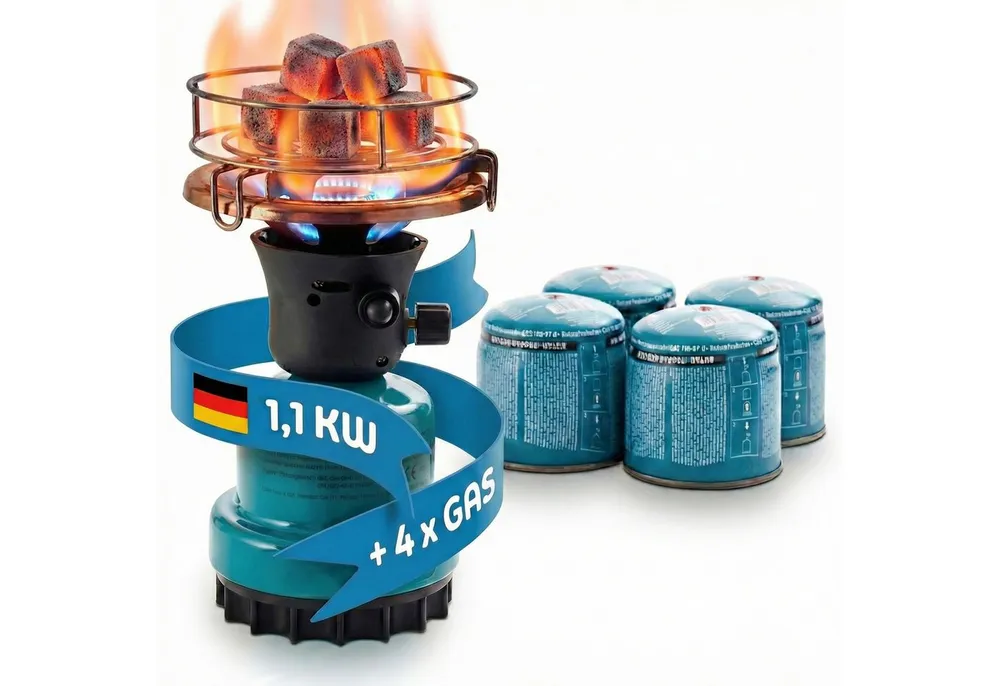 TOM Gaskocher Campingkocher optional mit 4x190g Gas Kartuschen CG-190 Butan Gas, (5-St), 1100W, Piezozündung, Windschutz, Stechkartuschen, Kartuschen Kocher