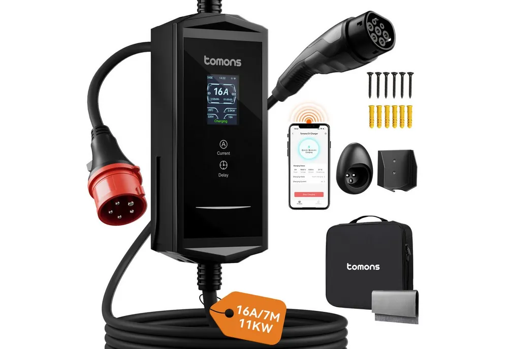 Tomons Mobile Wallbox 11kw mit APP,Typ 2 Ladekabel 7M,3-Phasen 6-16A Autoladekabel, 2,4" LCD-Anzeige IP65,Einstellbarer Ladeleistung&startzeit