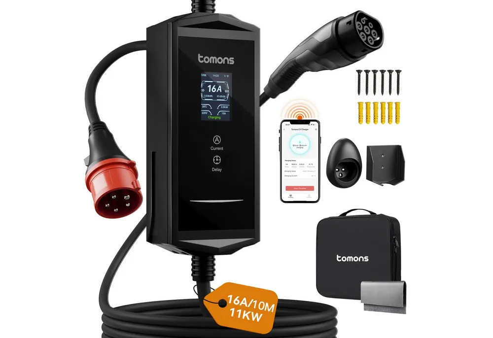 Tomons Mobile Wallbox 11kw mit APP,Typ 2 Ladekabel 7M/10M,3-Phasen 6-16A Autoladekabel, (1000 cm), 2,4" LCD-Anzeige IP65,Einstellbarer Ladeleistung&startzeit