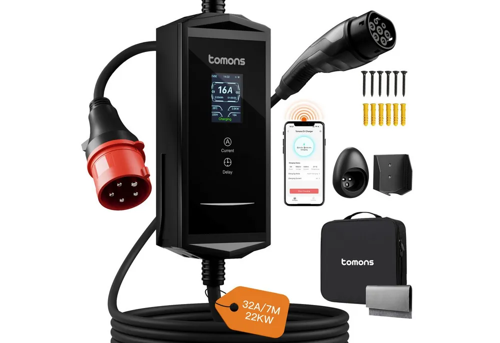 Tomons Mobile Wallbox 22kw mit APP,Typ 2 Ladekabel 7M, 2,4" LCD, IP65 Autoladekabel, Einstellbarer Ladeleistung&startzeit