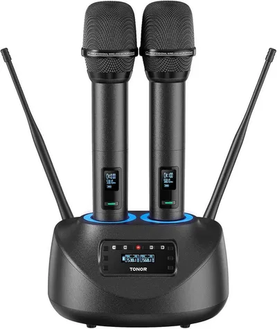 TONOR Mikrofon TONOR TW790 Funkmikrofon Set 2x Mikro UHF Wireless Wiederaufladbar LED