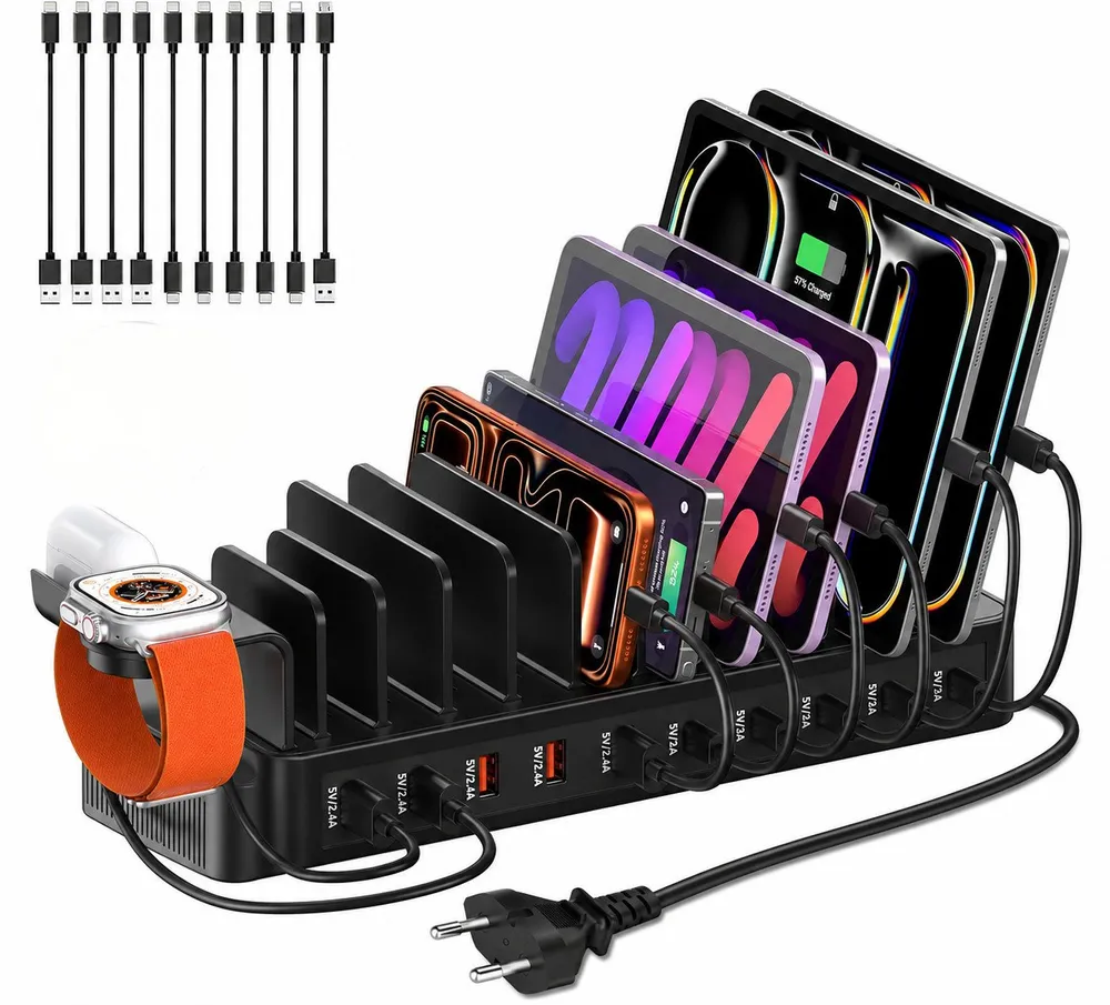 Toomoke 100W Ladestation für mehrere Geräte, 10-Port USB-C Ladestation (USB-A Ladegerät mit Tablet- und Smartphone-Halterung, inkl. 10 Ladekabeln, für iPhone 17/16/15, Galaxy S25/S24, iPad und mehr)