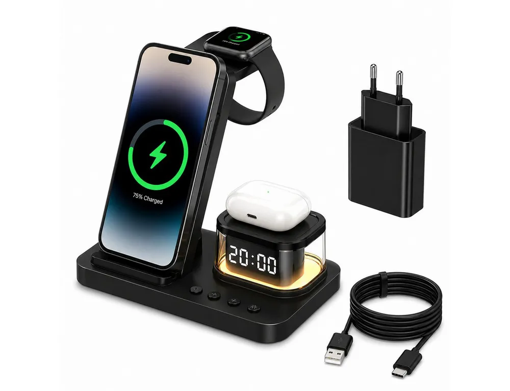 Toomoke 5-in-1 Kabellose Ladestation 15W mit Uhr und Nachtlicht Ladestation (Schnellladegerät für iPhone 16/15/14/13/12, Apple Watch Ultra/SE, AirPods und Samsung Galaxy)
