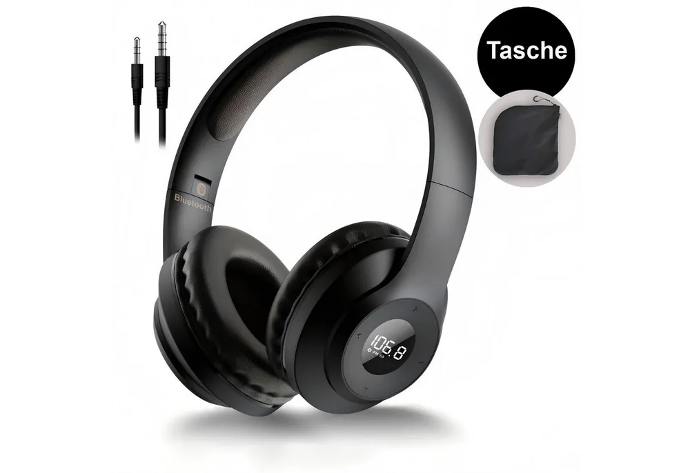 Toomoke Bluetooth Kopfhörer, Kabelgebundene Kopfhörer,Wiederaufladbare Over-Ear-Kopfhörer (Geeignet für Meetings, Arbeit, Wandern,Joggen, kabelgebunden Verbindung, Faltbar,Tragbare,FM-Radio-Kopfhörer,LED-Display,Audiokabel)