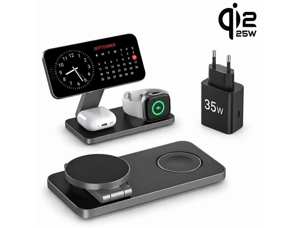 Toomoke Faltbare Qi2 25W 3-in-1 MagSafe Ladestation mit 35W Netzteil Induktions-Ladegerät (Verfügbar für iPhone 17/16/15/14/13/12 Serie, Apple Watch, AirPods, Schnelles Kabelloses Ladegerät Handy Ständer handyhalterung)