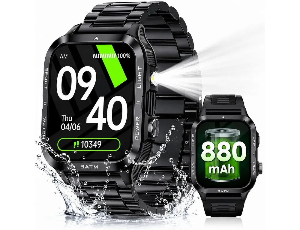 Toomoke Herren Militär Smartwatch mit Telefonfunktion, Smartwatch (4,98 cm/1,96 Zoll) Outdoor Fitnessuhr mit LED-Taschenlampe, 100 Tage Standby, 3ATM wasserdicht, Bluetooth Smartwatch mit Herzfrequenz, Schlaf- & SpO2-Monitor, Sportuhr für Android & iPhone
