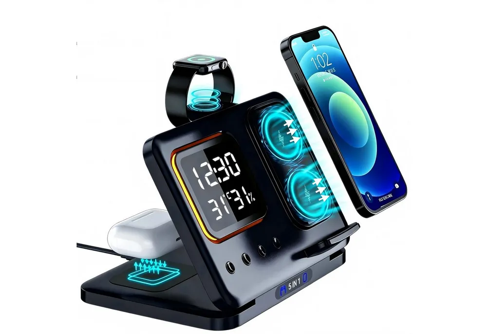 Toomoke Ladegerät, Multi-funktionales 5-in-1 Wireless Charger Ladestation (Digitaler Wecker mit 15W Schnellladung für Apple Watch, Kabellose Ladestation mit LED Nachtlicht und Temperaturanzeige)