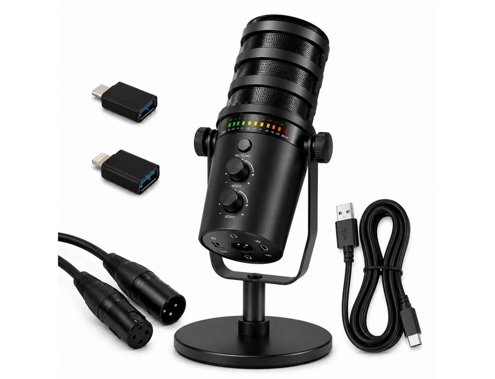 Toomoke Mikrofon XLR Mikrofon Dynamisch für Streaming Podcast Studio Microphone USB (Komplettes Lieferkit mit Metallständer, Audiokabeln, USB-Datenkabel sowie 2 USB-Adapter, 5-tlg), Mikrofon Set PC Gaming RGB effiziente Unterdrückung von Lärm