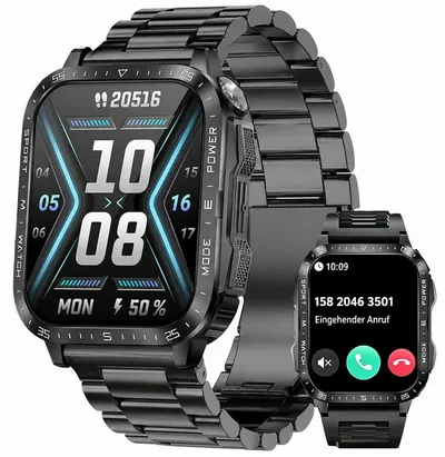 Toomoke Outdoor Smartwatch Herren 1,96 Zoll mit LED Taschenlampe Smartwatch (4.98 cm/1,96 Zoll) Militär Design, Bluetooth Telefon, 3ATM Wasserdicht, Fitness Uhr für Android iOS
